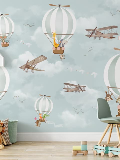Kids Nursery Hot Air Balloon with Cartoon Animals Wallpaper Mural