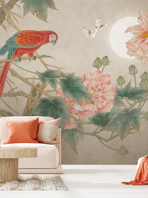 Nostalgic Peony Blossom and Parrot Wallpaper Mural