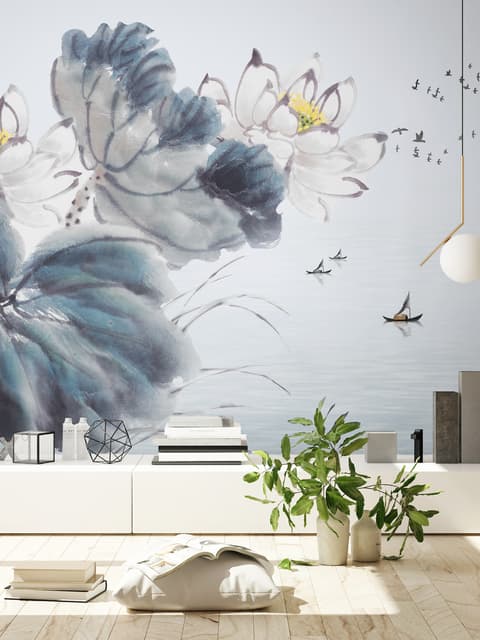 Papier peint d'art floral de lotus à l'aquarelle