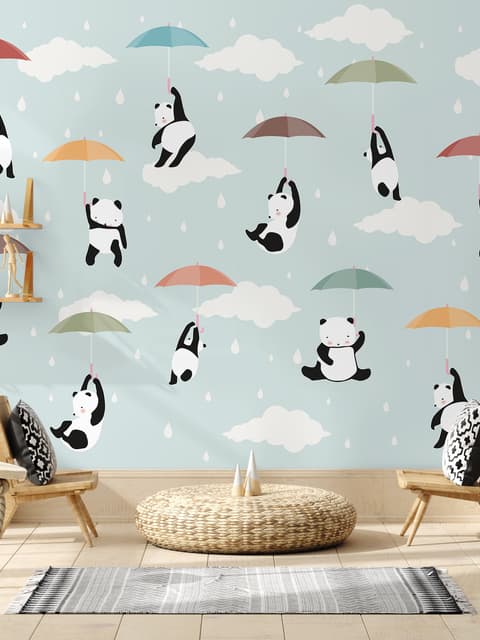 Kids Pandas With Colorful Umbrella Wallpaper Mural