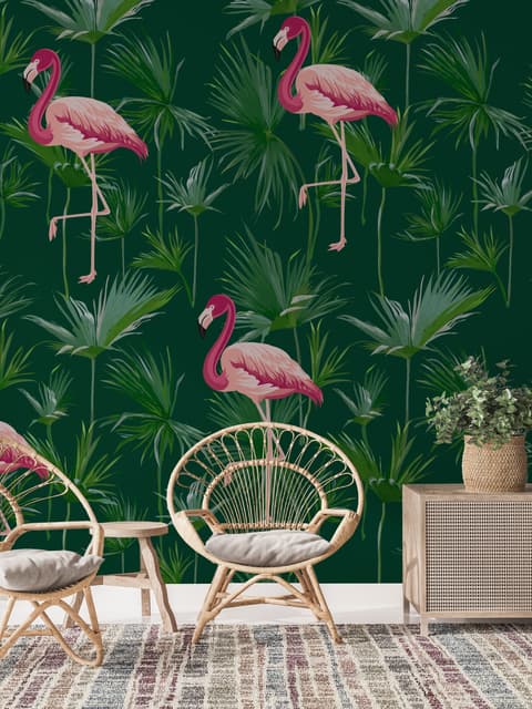 Pink Flamingo in the Tropical Forest Wallpaper Mural