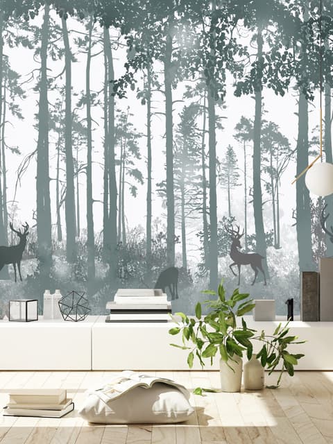 Papier peint forêt sombre et brumeuse avec cerfs à cornes