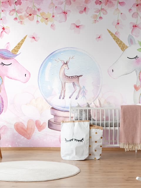 Kids Girls Unicorn with Pink Florals Wallpaper Mural