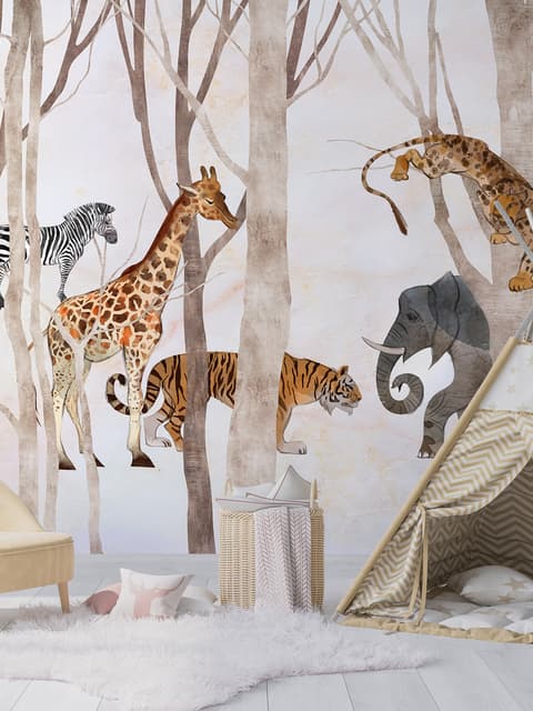 Papier peint panoramique aquarelle animaux sauvages
