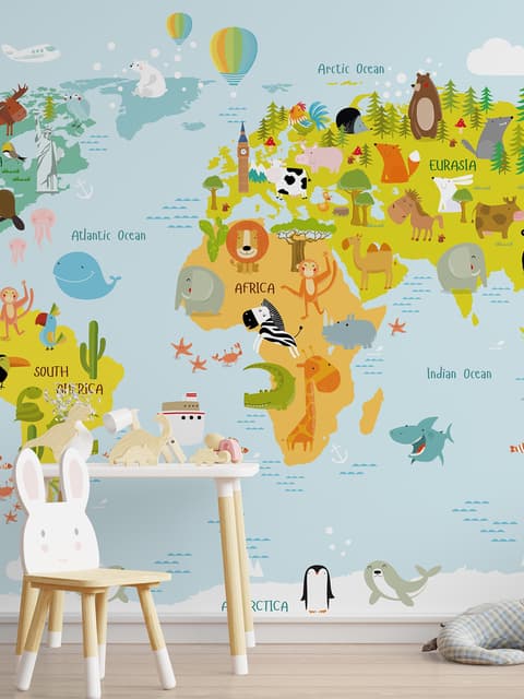 Papier peint panoramique pour enfants - Carte du monde avec animaux