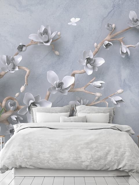 Papier peint artistique fleurs et branches de magnolia