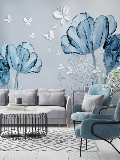 Blaue Transparente Blumen und Weiße Schmetterlinge Fototapete