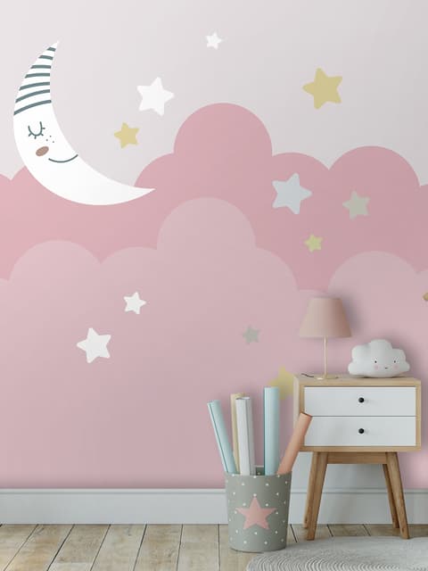 Cartoon Pinker Himmel und Mond Fototapete