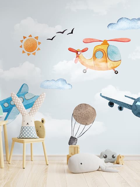 Papier peint panoramique avion et montgolfière rose