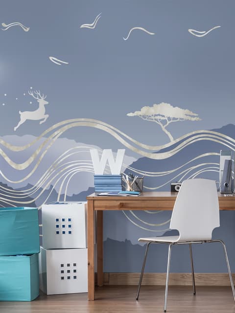 Watercolor Abstract Lines and Horned Deer Wallpaper Mural