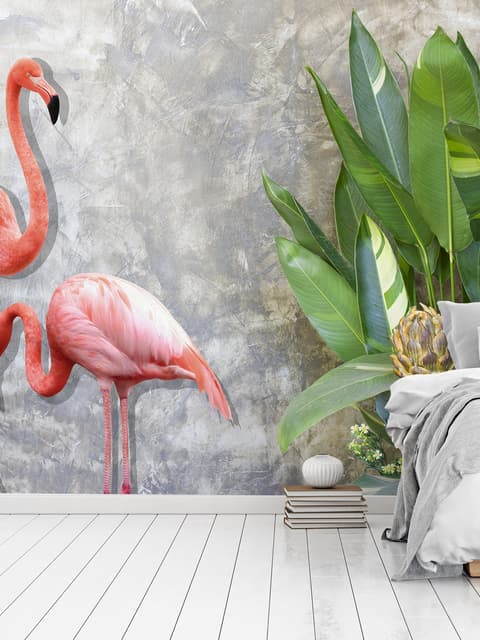 3D Look Pink Flamingo with Tropical Leaves Wallpaper Mural