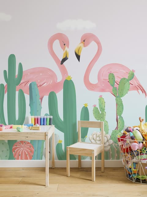 Fototapete Flamingo-Paar mit Kaktus