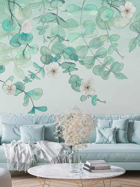 Papier peint fleurs de prunier avec feuilles
