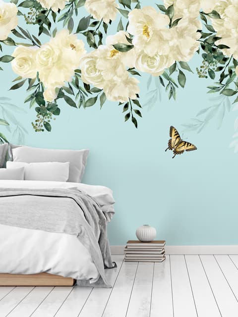 Fototapete Weiße Blumen und Gelber Schmetterling