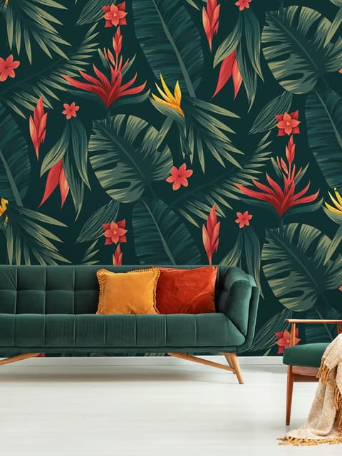 Red Floral and Palm Leaf Pattern Wallpaper Mural