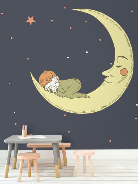 Cartoon Moon with Little Child and Night Sky Wallpaper Mural