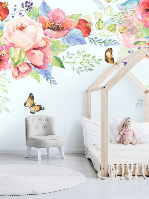 Papier peint panoramique fleurs bohèmes roses grimpantes