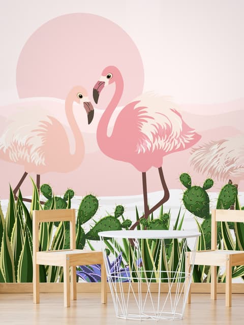 Flamingo with Cactus Wallpaper Mural