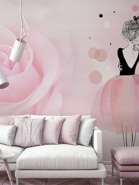 Ballerina Girl and Pink Roses Wallpaper Mural