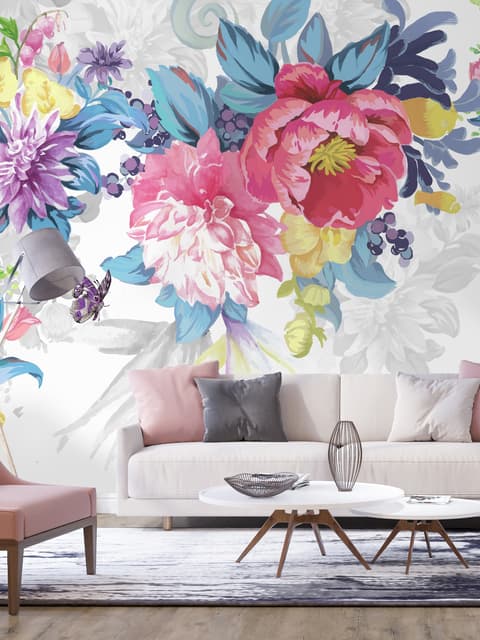 Watercolor Colorful Peony Flowers Wallpaper Mural