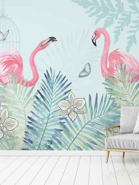 Vintage Pink Flamingo mit tropischen Blättern Fototapete