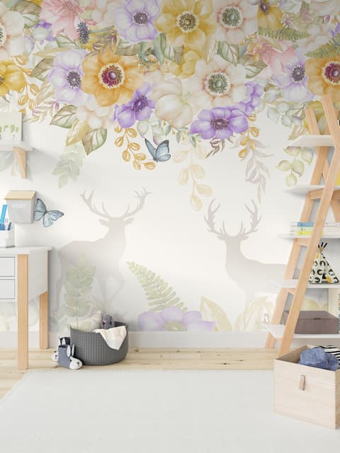 Papier peint panoramique floral jaune avec cerfs à cornes