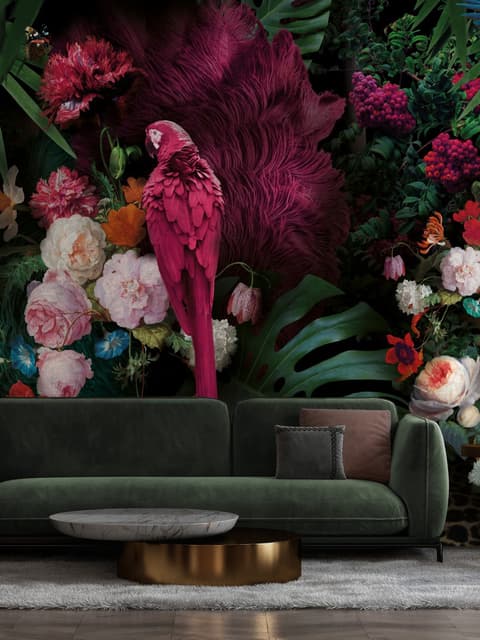 Pink Parrot with Colorful Floral Wallpaper Mural