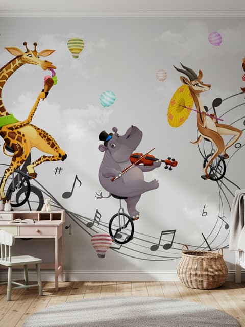 Papier peint animaux de dessins animés et notes de musique