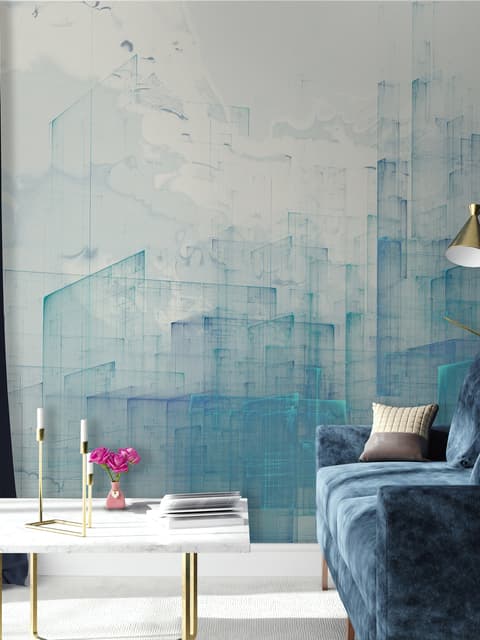 Abstract Blue Monochrome City Landscape Wallpaper Mural
