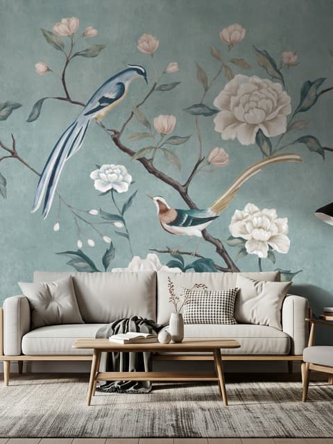 Vintage Peony Floral and Swallow Wallpaper Mural