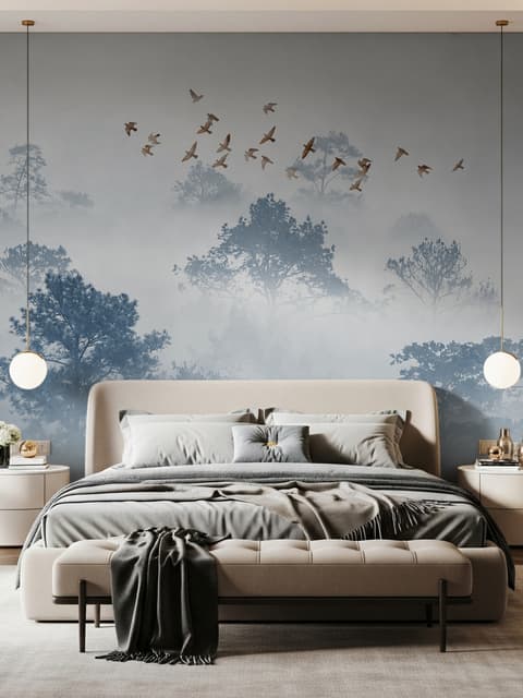 Misty Forest with Birds Wallpaper Mural