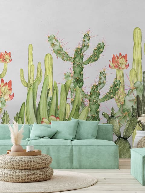 Papier peint panoramique aquarelle, fleurs du désert et cactus