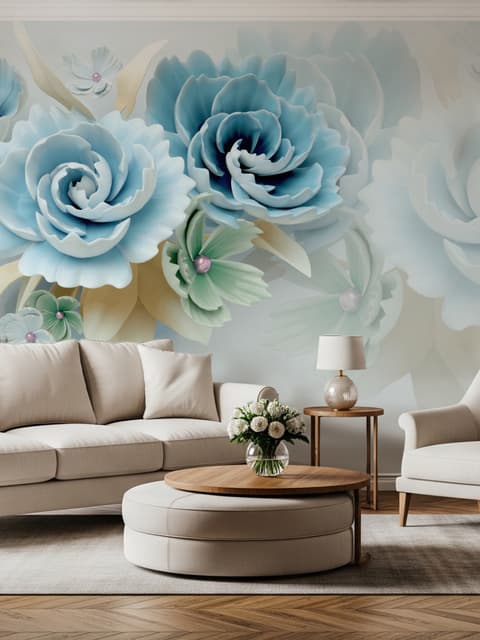 Papier peint panoramique floral bleu vert en 3D de style européen