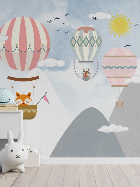 Papier peint paysage montagne montgolfière cartoon enfants