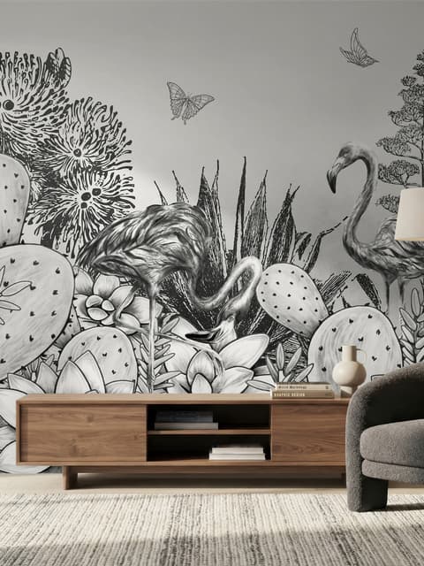 Monochrome Kaktus Floral mit Flamingo Zeichnung Fototapete
