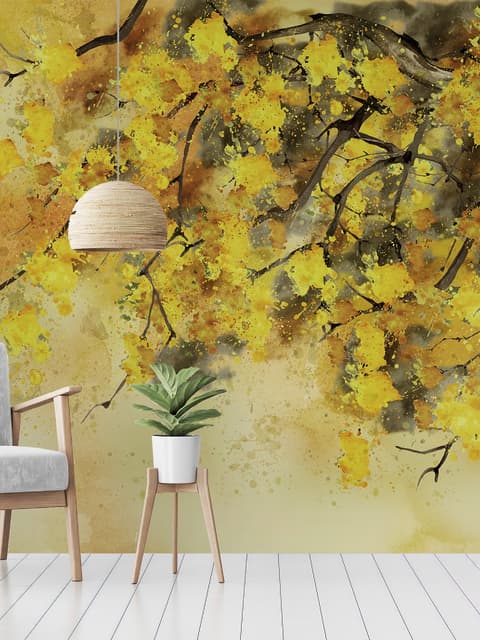 Watercolor Yellow Tree Landscape Wallpaper Mural