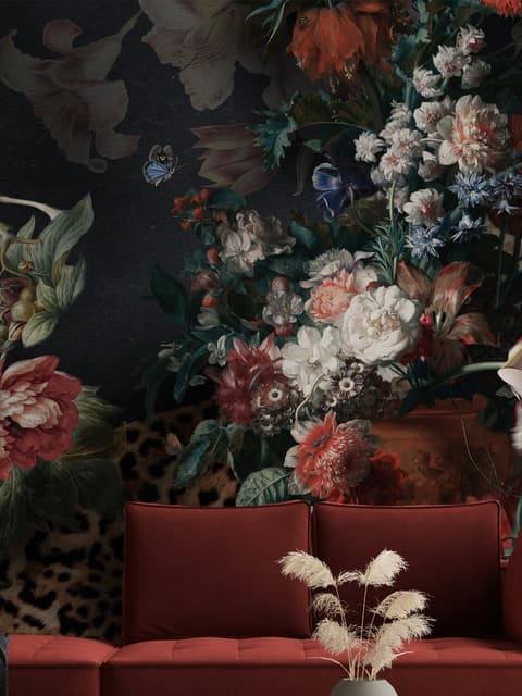 Dark Dutch Floral Bouquet with Birds Wallpaper Mural
