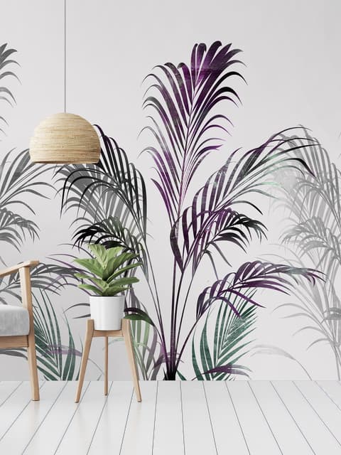 Papier peint panoramique feuilles de palmier vertes et violettes tropicales