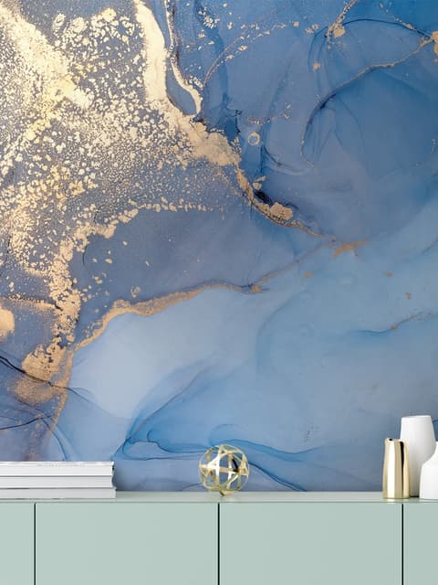 Blue Gold Look Marble with Splash Wallpaper Mural