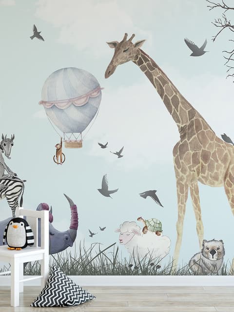 Papier peint aquarelle enfants animaux de la forêt avec girafe zèbre hippopotame panaromique