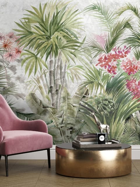 Watercolor Tropical Leaf and Flowers Wallpaper Mural