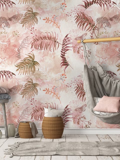 Papier peint panoramique feuilles et fleurs roses