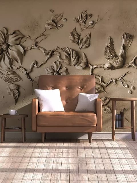 3D Embossed Look Cement Floral Tree Wallpaper Mural
