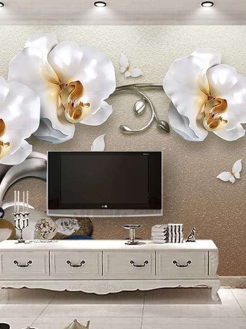 Papier peint panoramique orchidée florale effet 3D avec galets