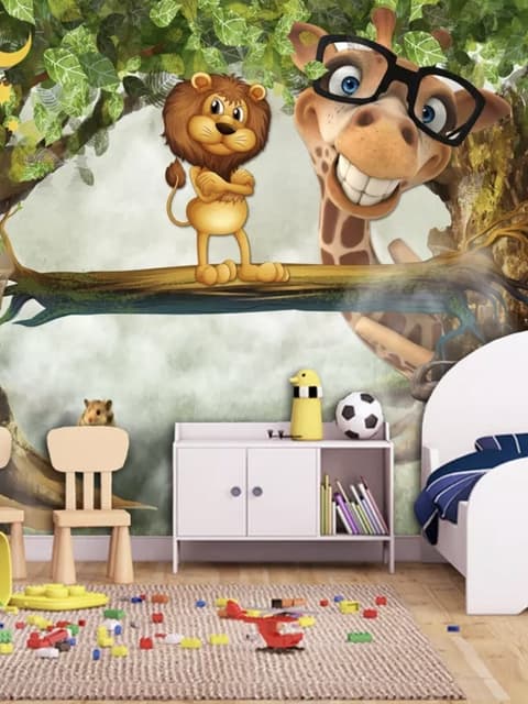3D-Look Cartoon Giraffe und König Löwe Fototapete