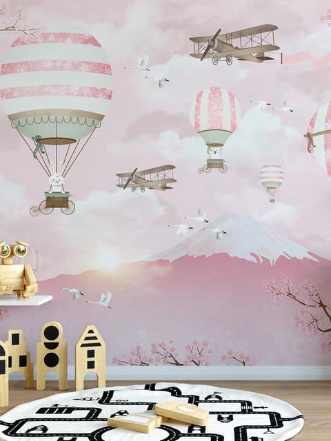 Hot Air Balloon with Pink Mountain Landscape Wallpaper Mural