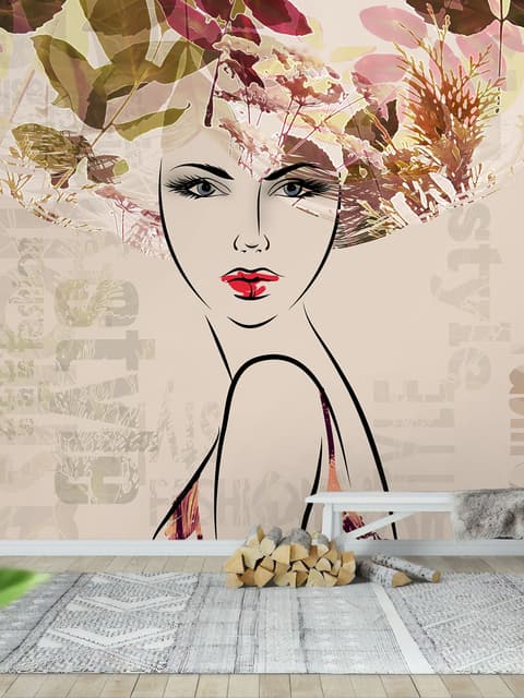 Woman Face Art with Winter Leaf Wallpaper Mural