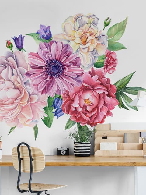Watercolor Pink Peony Tulip Daisy Floral Bouqet Wall Decal Sticker