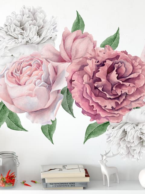 Watercolor Pink and White Peony Floral Bouqet with Rosebud Wall Decal Sticker