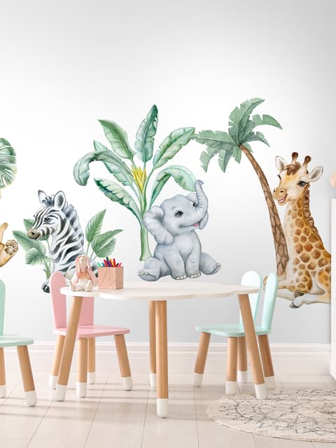 Stickers muraux animaux de safari mignons avec arbres tropicaux pour enfants